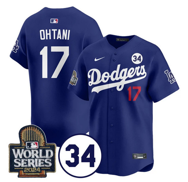 Los Angeles Dodgers #17 Shohei Ohtani Royal 2024 World Series With No. 34 Patch Cool Base Stitched Jersey